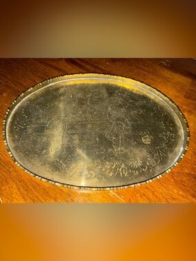 Antique Chinoiserie Engraved Brass Oval Tray Patina Gold Tone Scalloped